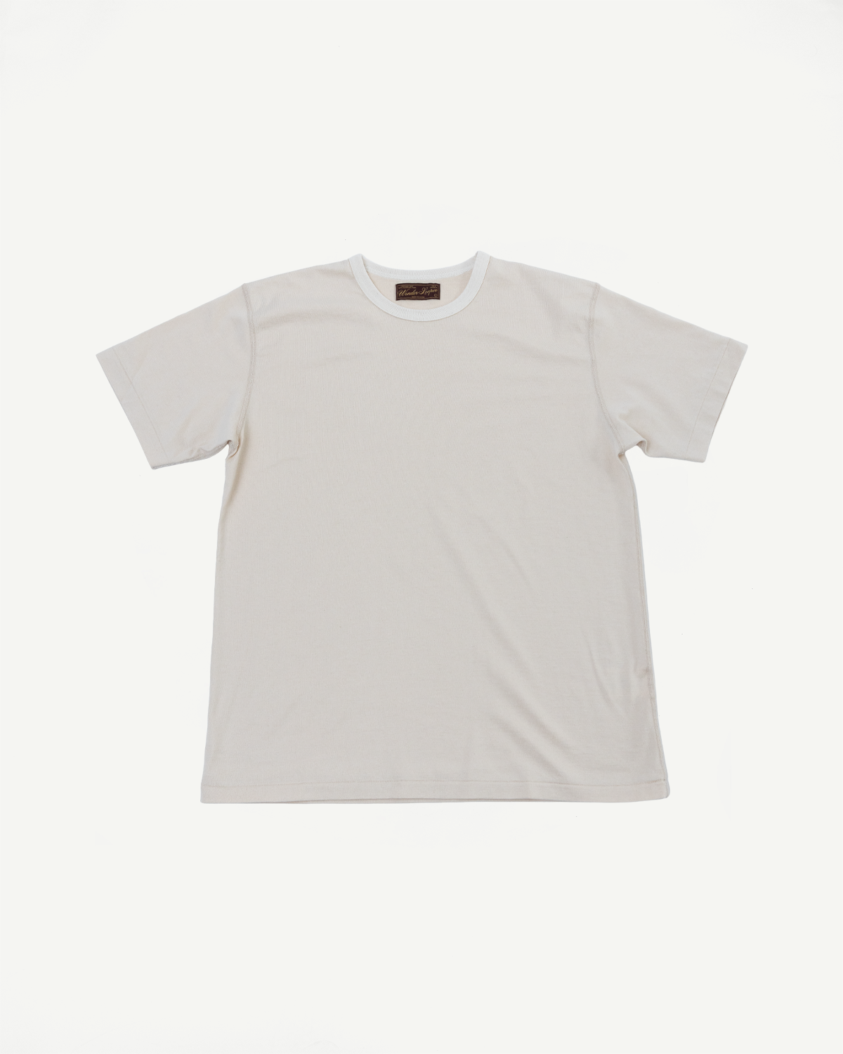 Ultimate Pima Tsuriami Crewneck T-Shirt - Ecru, a smooth, lightweight, off-white tee, laid flat. Made from 100% organic Pima cotton, showcasing premium craftsmanship with a binder neck ribbed collar.