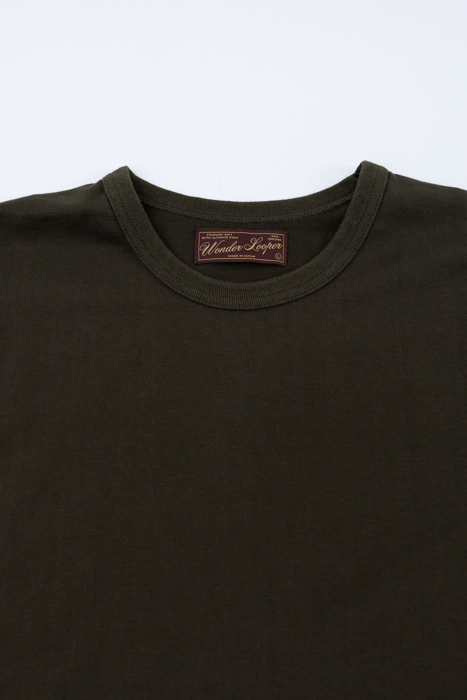 Ultimate Pima Tsuriami Crewneck T-Shirt - Khaki: Flat-lay of a dark olive-green T-shirt showcasing a ribbed neckline and woven Wonder Looper – Made in Japan label inside the collar.