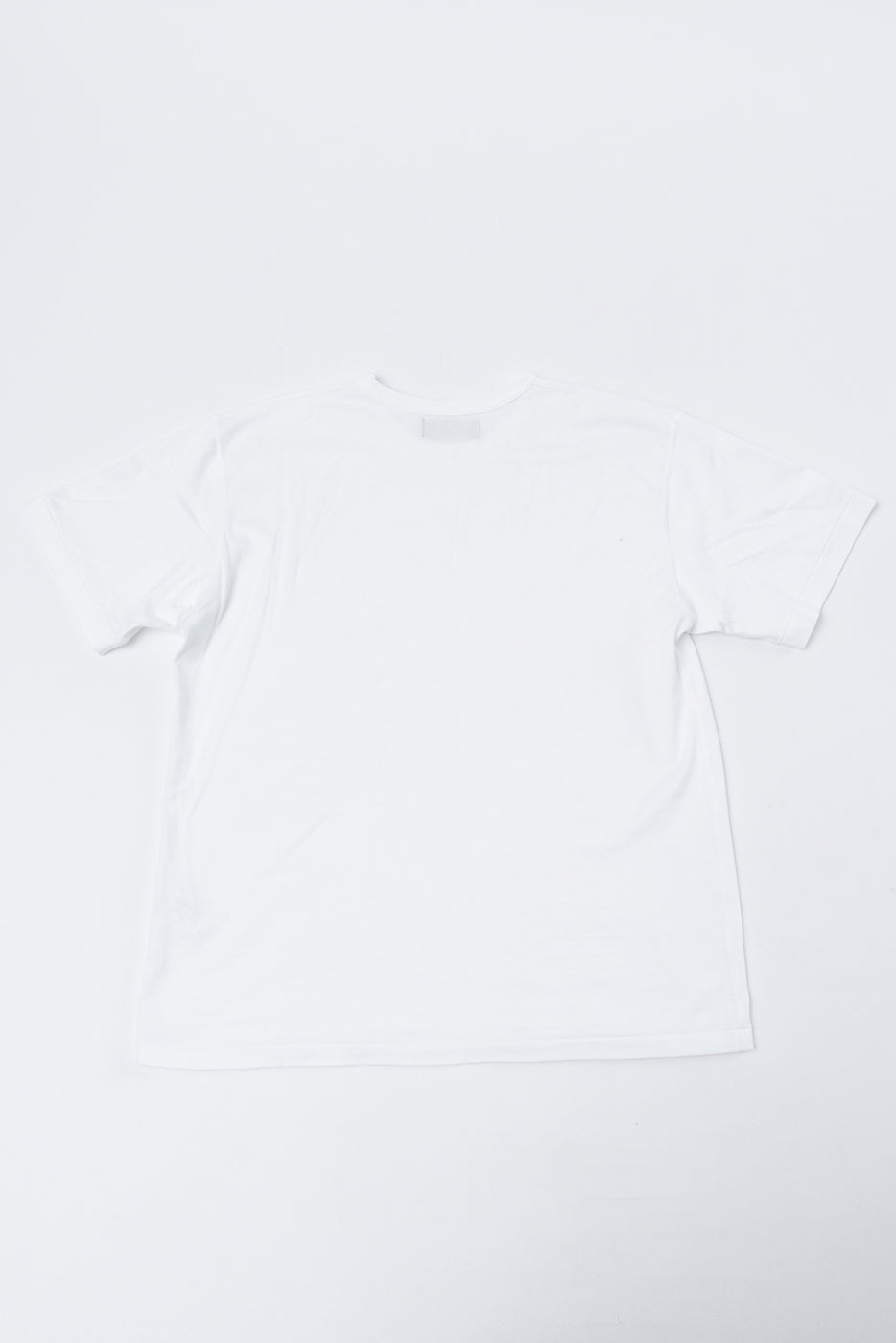 Back view flat lay of a white short sleeve crew neck t-shirt.