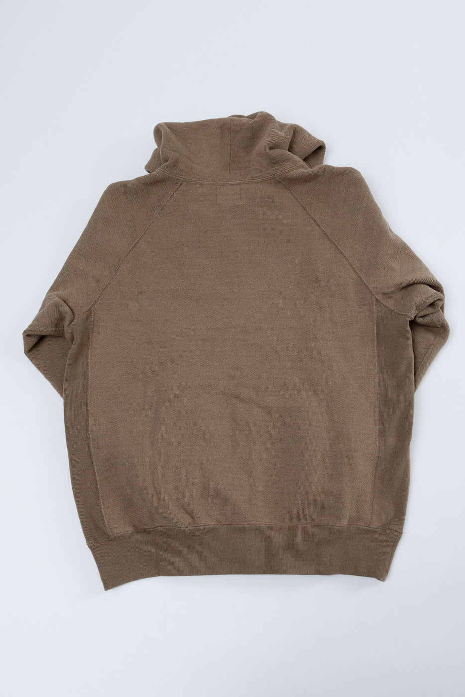 Flat lay back view of a brown hooded sweatshirt with ribbed hem and sleeve cuffs.