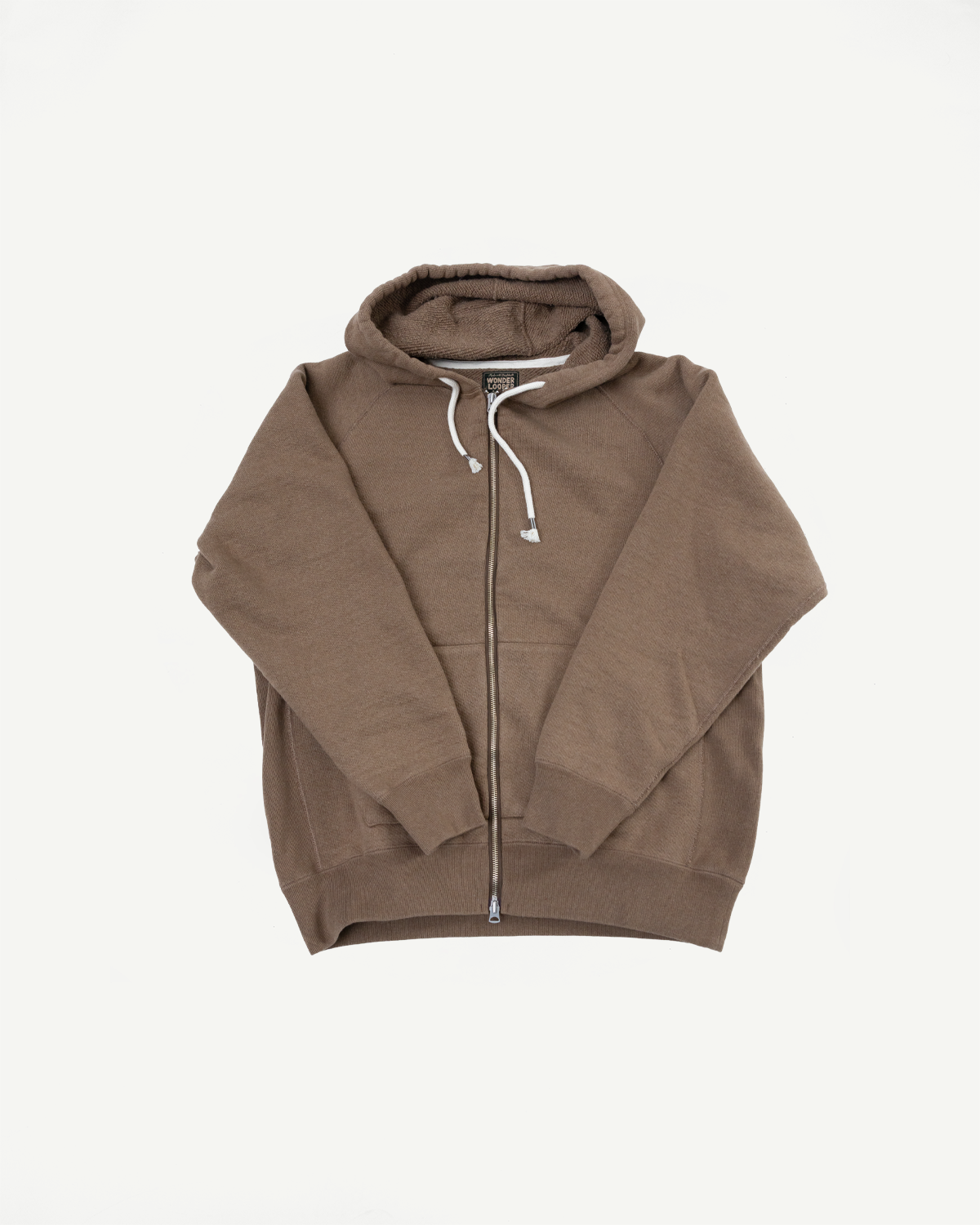 Front view flat lay of a brown zip-up hoodie with drawstring hood and ribbed hem.