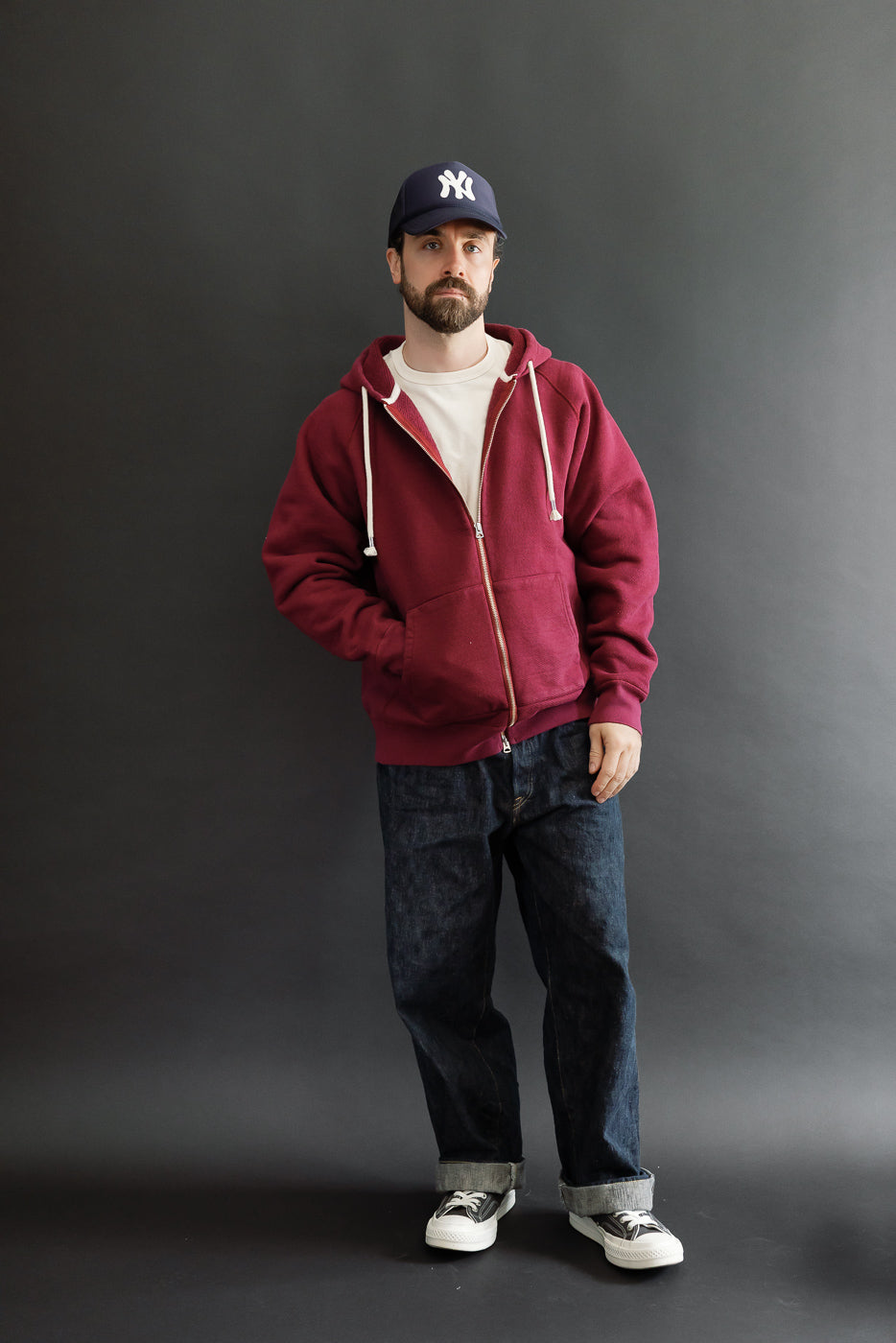 Full body front view of male model, 5'9