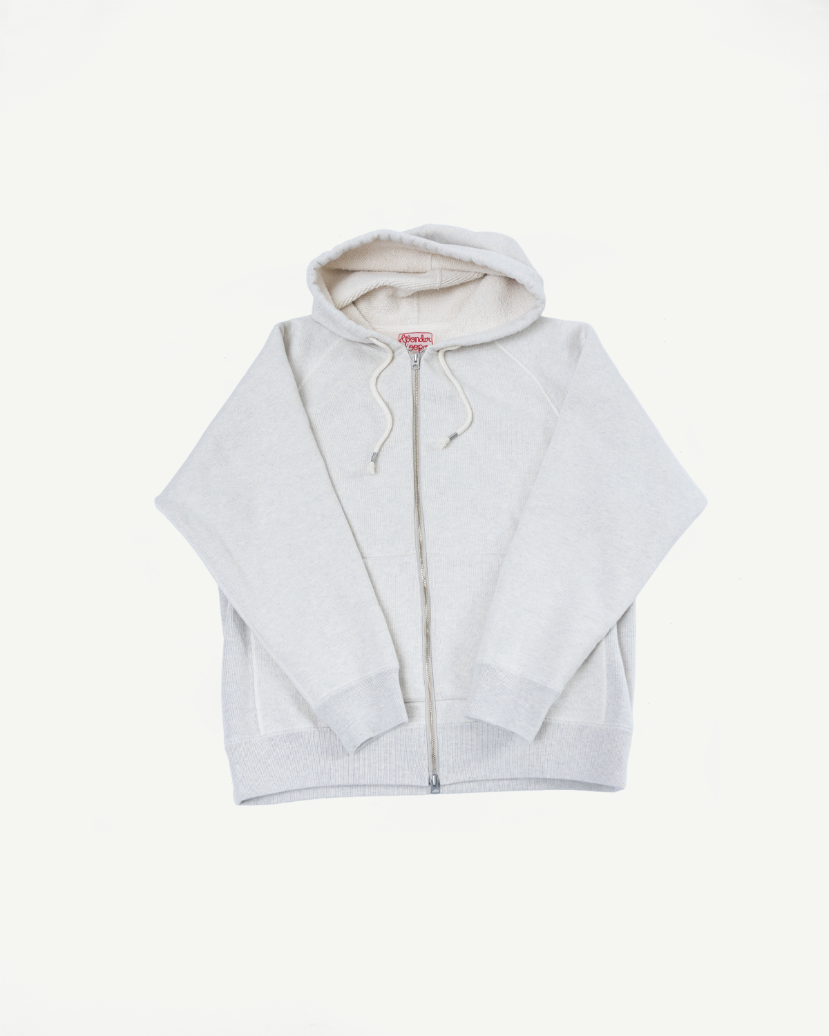 Front view flat lay of a light grey zip-up hoodie with drawstring hood and ribbed hem.