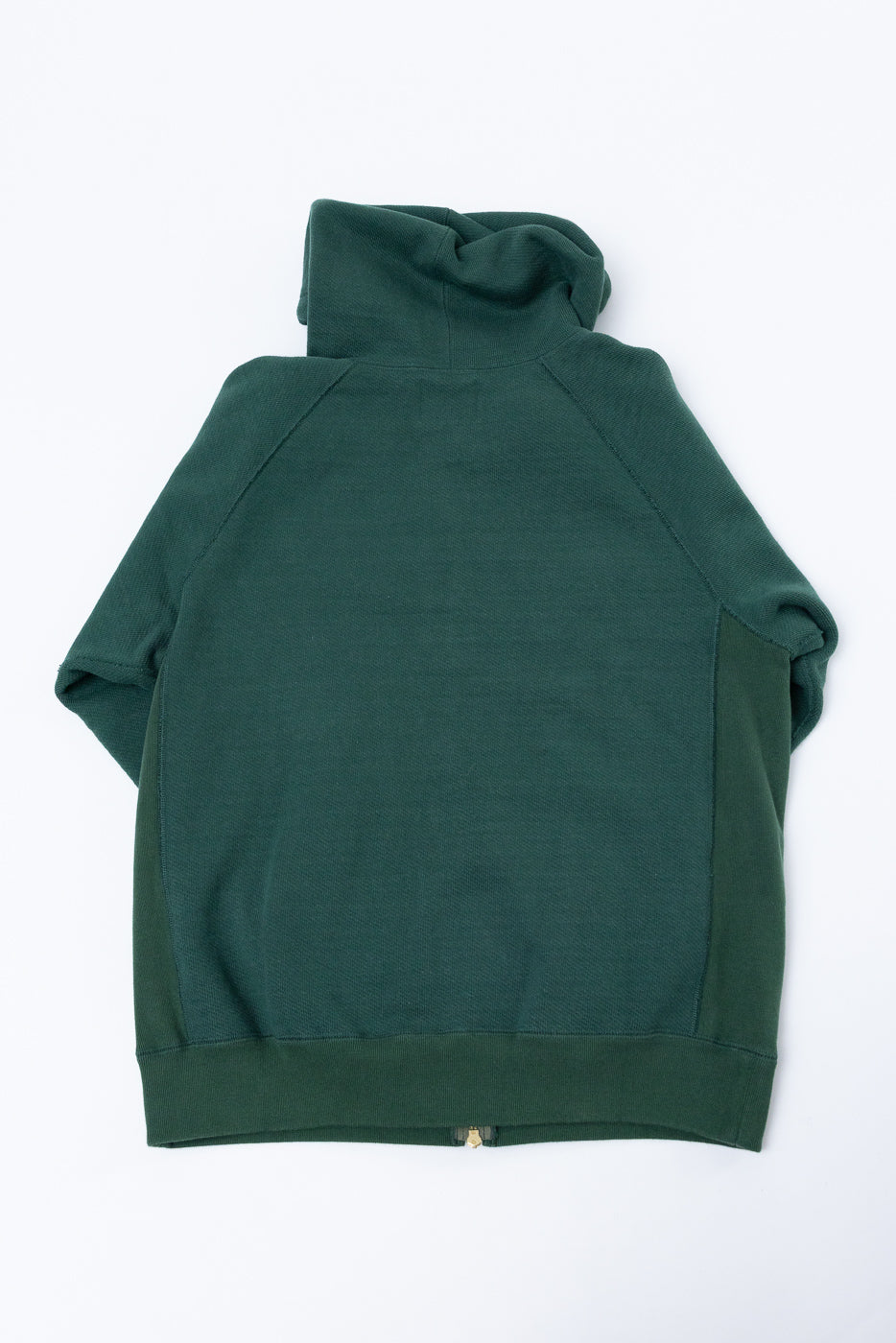 Back view flat lay of a dark green high-neck zip-up sweatshirt showing fabric texture.