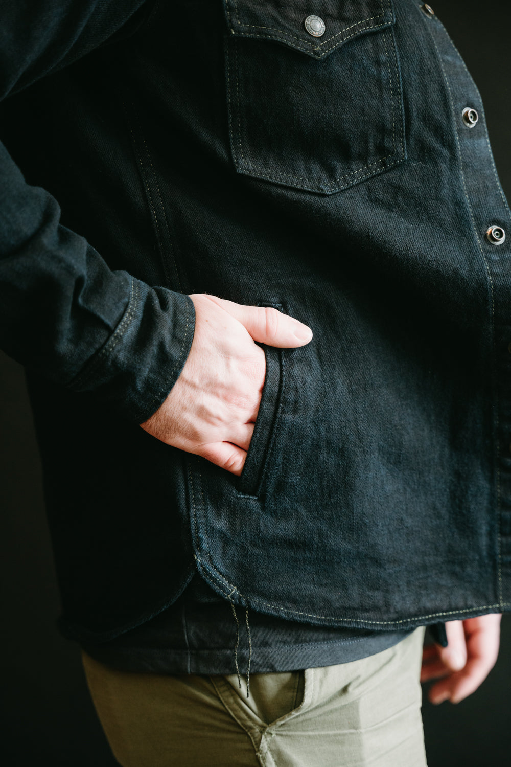 IHSH-293-OD - 18oz Vintage Selvedge Denim CPO Shirt - Indigo Overdyed Black