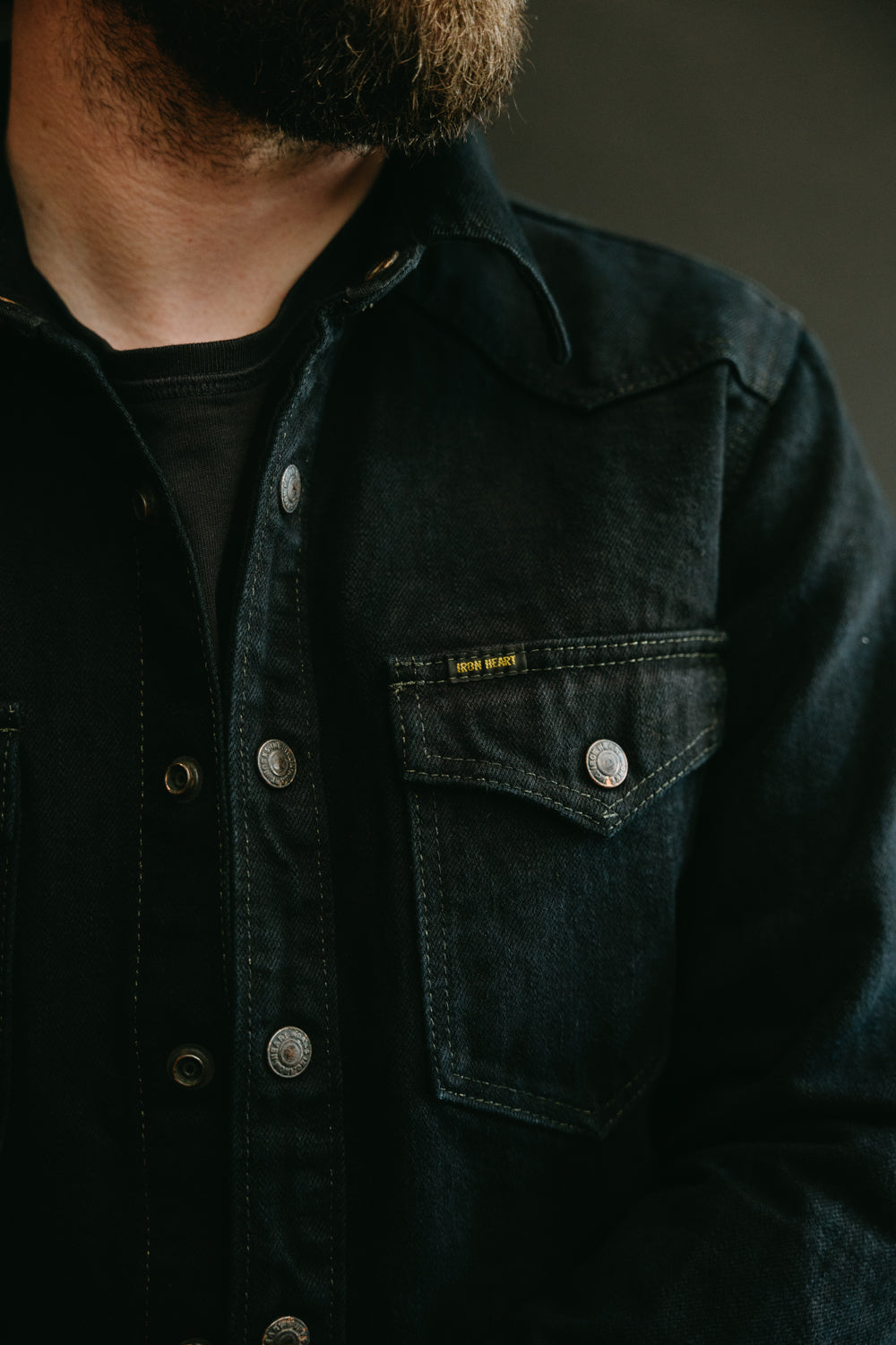 IHSH-293-OD - 18oz Vintage Selvedge Denim CPO Shirt - Indigo Overdyed Black