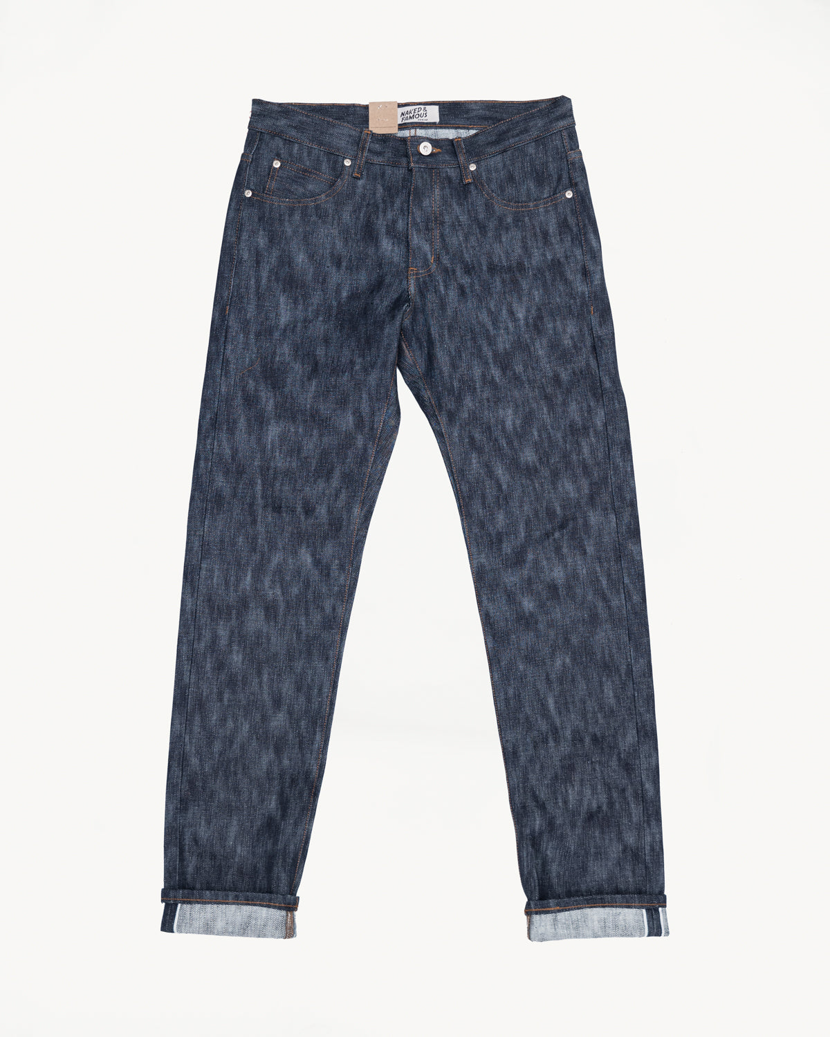 Flat lay front view of Naked & Famous 18oz Big Slub Selvedge denim jeans, cuffed hem, raw texture.