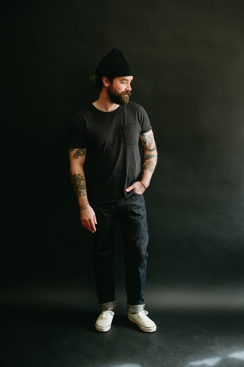 Full body front view of male model 5'9